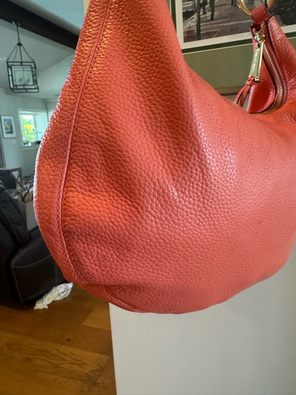 Michael Kors Rhea Coral Orange Pebbled Leather Hobo with Gold Hardware - Picture 7 of 15